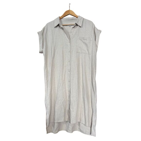 Calvin Klein Linen Blend Dress Rolled Cap Sleeve Button Down natural oatmeal sha - Picture 1 of 11
